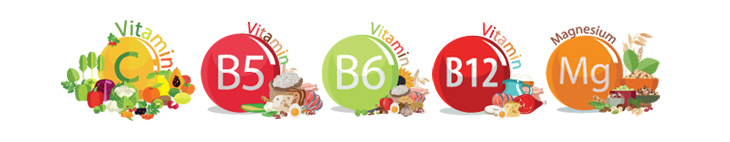 vitamin C, B5, B6, B12, Mg 